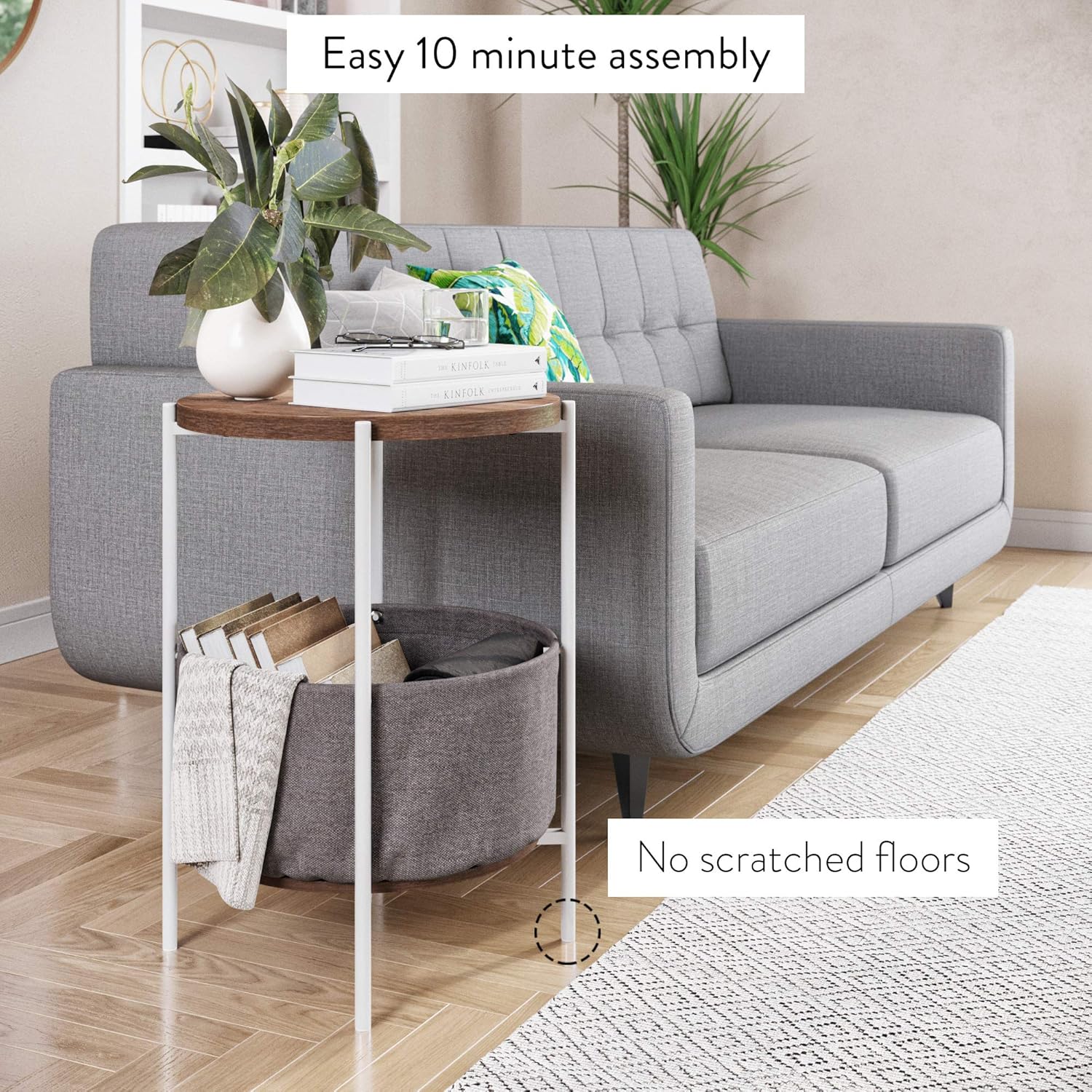 Nathan James Oraa Round Wood Side Table with Fabric Storage, Light Brown/White: Furniture & Decor