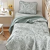 Comfort Spaces Boho Quilt Set Twin Reversible Vermicelli Quilting Twin Size Bed, All Season, Lightweight, Coverlet Winter Layer Bedding, Shams, Gloria, Twin/Twin XL Green 2 Piece