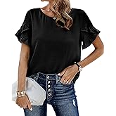 PRETTYGARDEN Womens Summer Tops 2026 Casual Ruffle Short Sleeve Crewneck Shirts Loose Basic Work Blouses Spring Outfits(Black,Large)