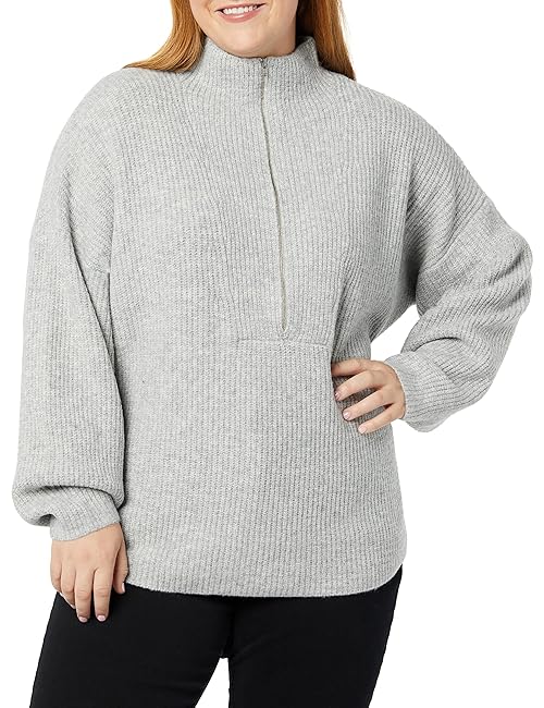 Amazon Essentials Women's Sweaters, Dressy Casual, Mid Gauge Stretch, Half Zip, Polo Collar, Grey Heather, Large