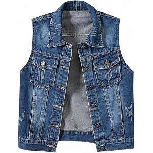 Women's Casual Denim Vest Sleeveless Frayed Ripped Button Front Loose Fit with Pockets