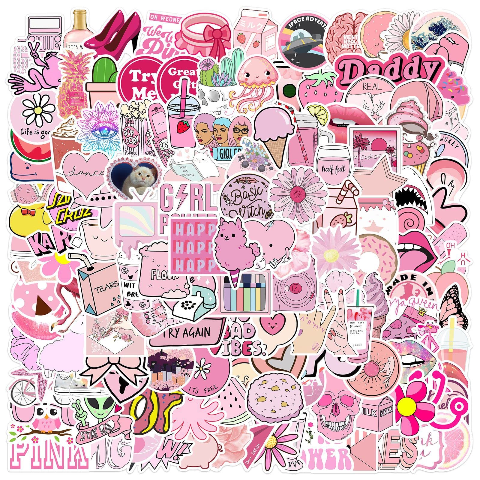 Aesthetic Stickers for Pink Girls 150 PCS Variety of Pink Stickers Decals for Laptop Water Bottle Bicycle Helmet Luggage,Waterproof Vinyl Sticker Pack Gift for Kids Teens Girls