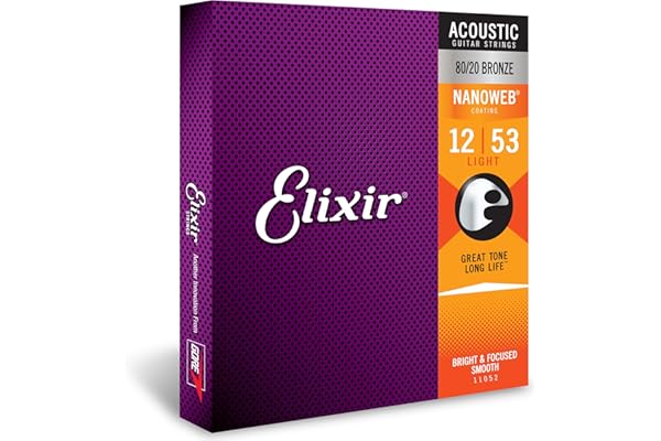 Elixir Strings, Acoustic Guitar Strings, 80/20 Bronze with NANOWEB Coating, Longest-Lasting Bright and Focused Tone with Comfortable Feel, 6 String Set, Light 12-53