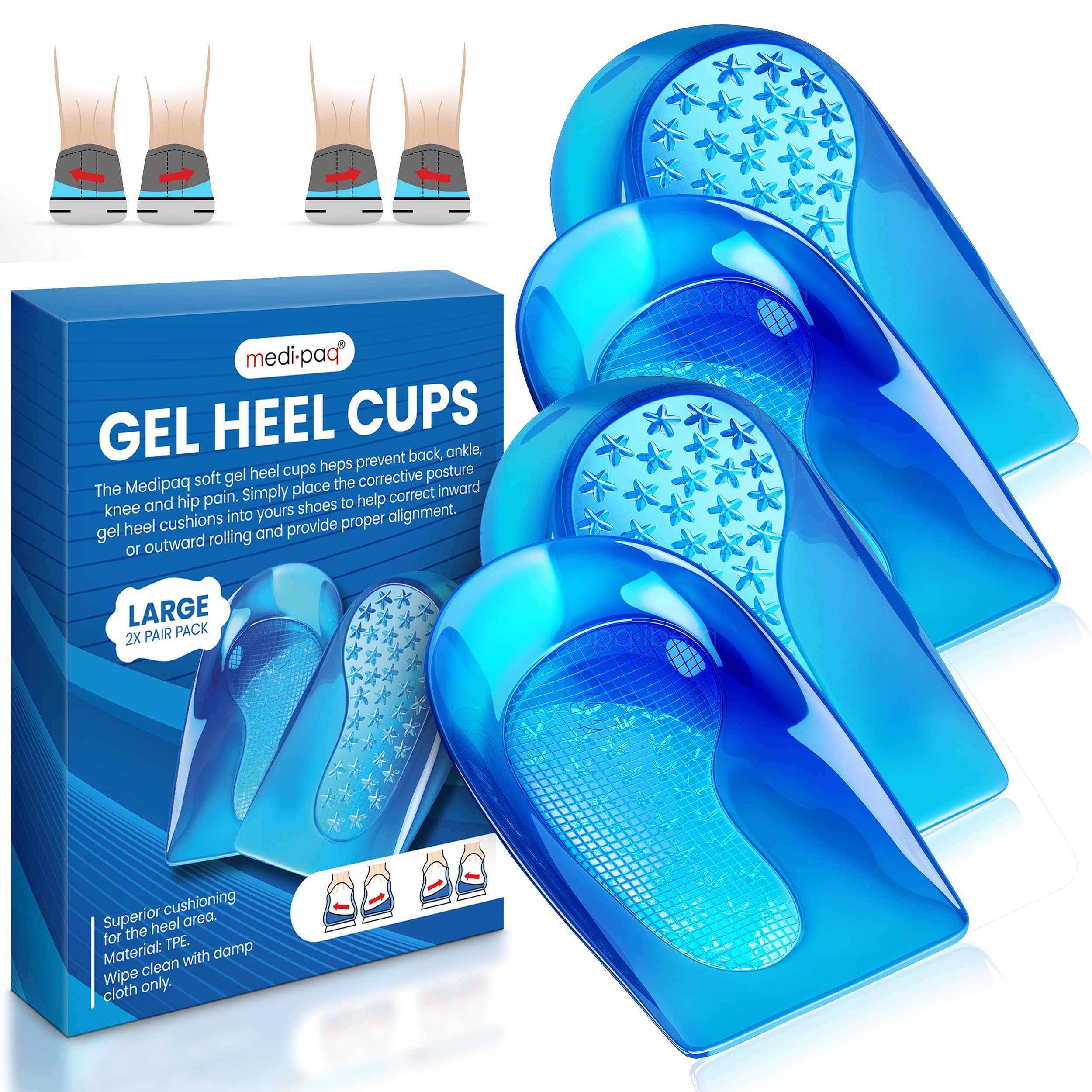 Medipaq Posture Correcting Gel Heel Levelling Supports - Angled Design Corrects Pronation or Supination - Plantar Fasciitis (2x Pairs - M/L (Size 8-12))