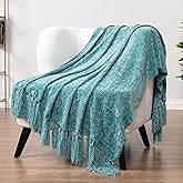 PAVILIA Teal Chenille Throw Blanket for Couch Sofa, Soft Turquoise Throw with Tassel, Decorative Blanket for Bed Chair Living Room, Teal 50x60