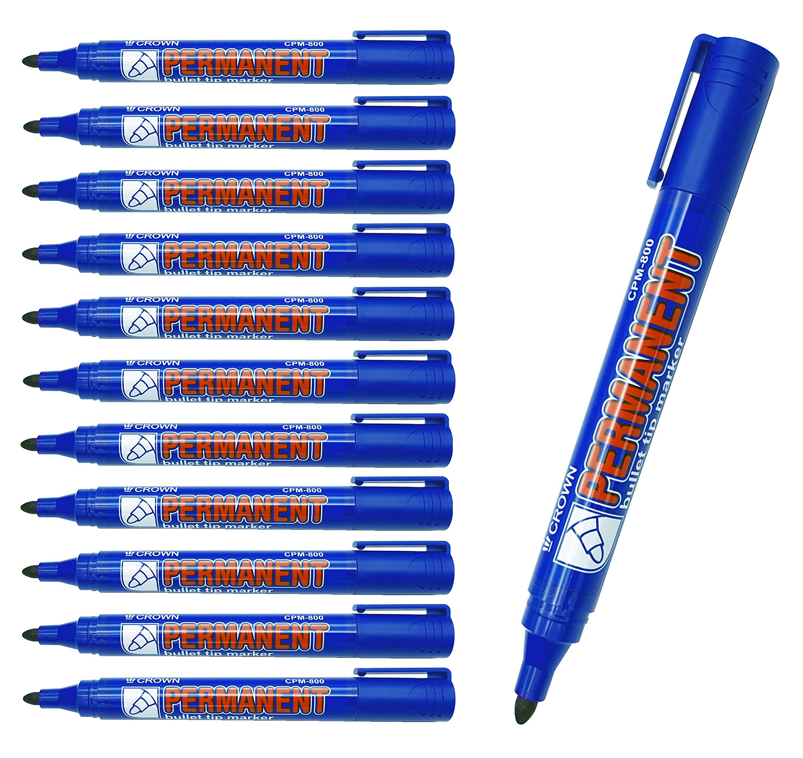 CROWN Permanent Markers Bullet Tip Markers - Pack Of 12 - Permanent Ink - Blue - 2mm Line