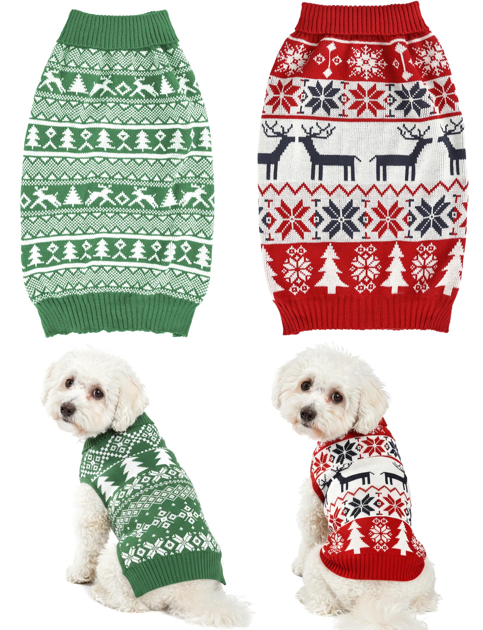 Photo 1 of 2PCS Dog Christmas Sweater, Soft Warm Pet Clothes Coat for Small Medium Large Dogs and Cats Boy Girl, Fall Cozy Holiday Turtleneck Knitting Collar Pullover Pup Outfit Costume for Thanksgiving New Year