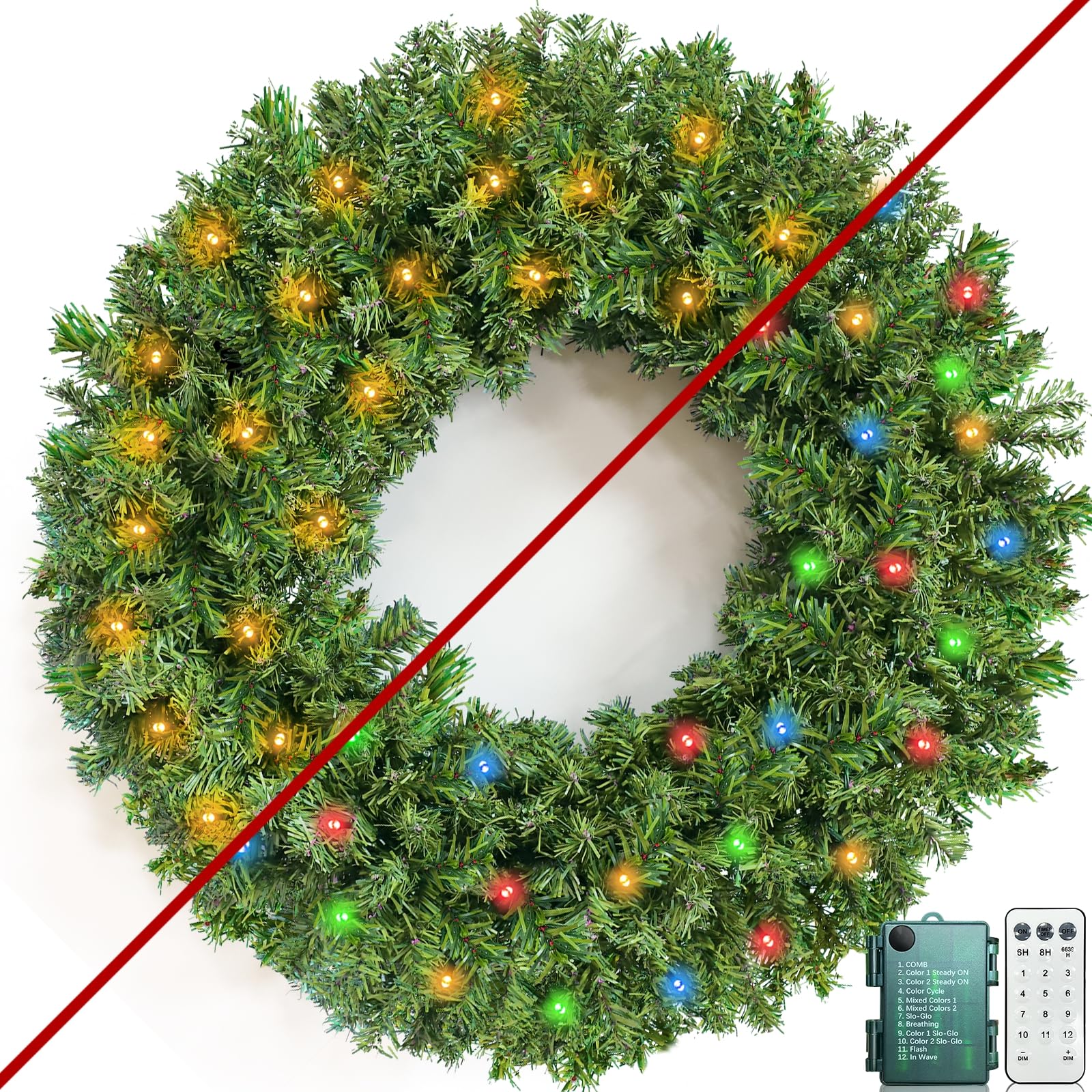 Photo 1 of Remote Control - 30 Inch 70 LED Super Large Thick Prelit Christmas Wreath for Front Door Warm White & Colorful Lights Timer 12 mode Realistic-Feel 320 Branches Tips Outdoor Christmas Wreath Xmas Decor
