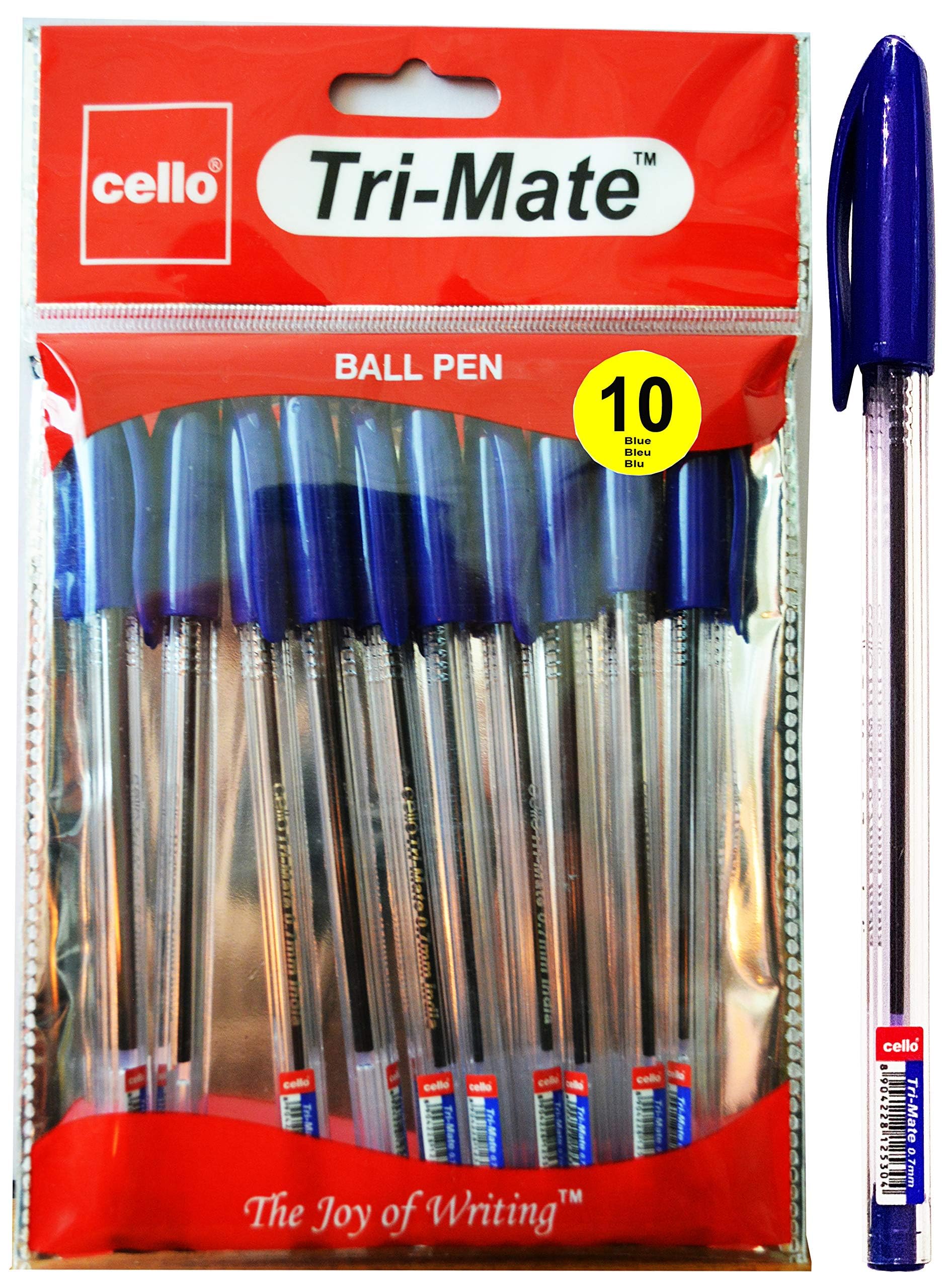 Cello Original Tri-Mate Triangular Barrel Ballpoint Pen Medium Point Biro (1.0mm) (Blue, Pack of 10)