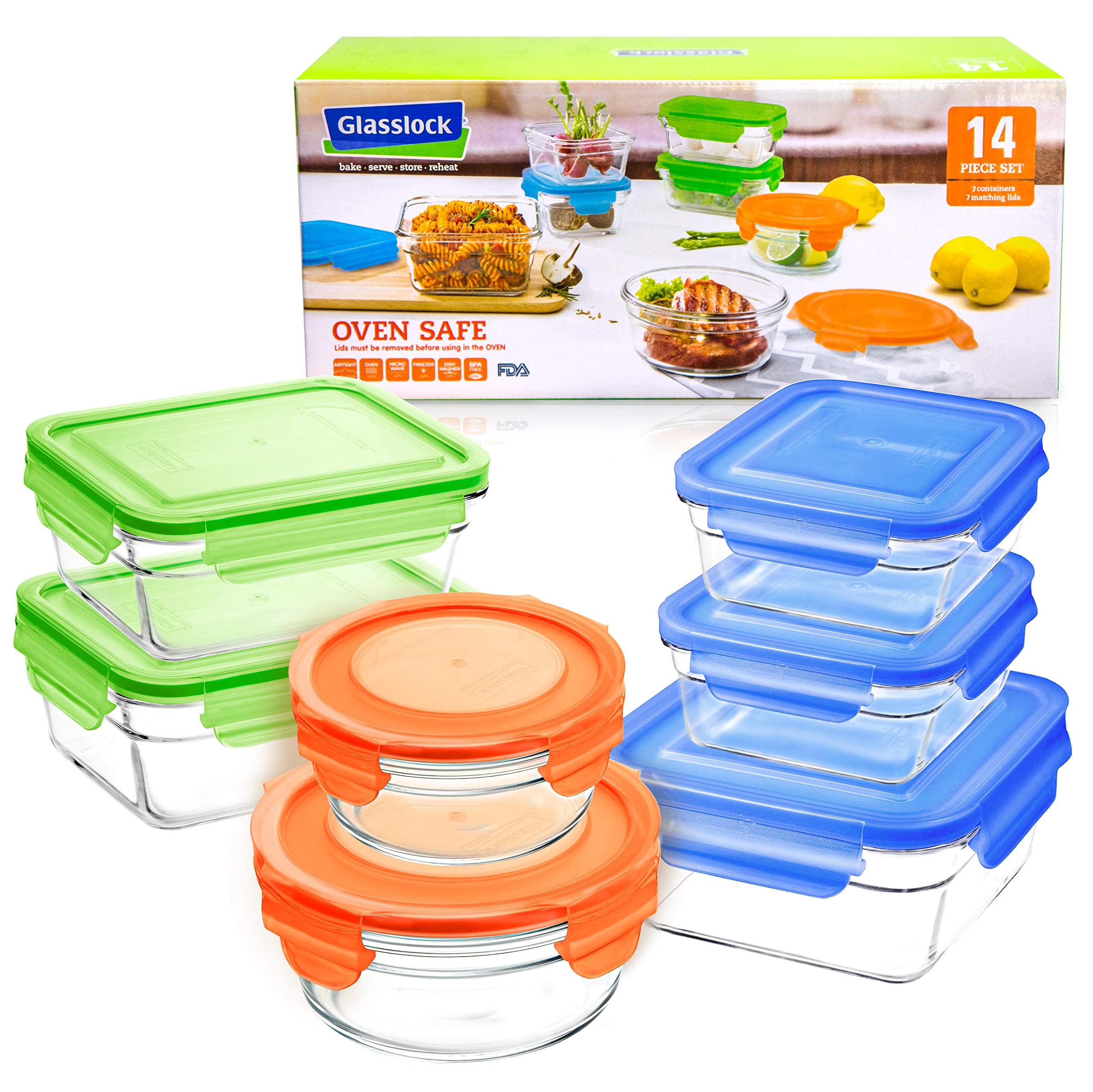Glasslock 14pc Set Assorted Color Lids Airtight Spill Proof Food