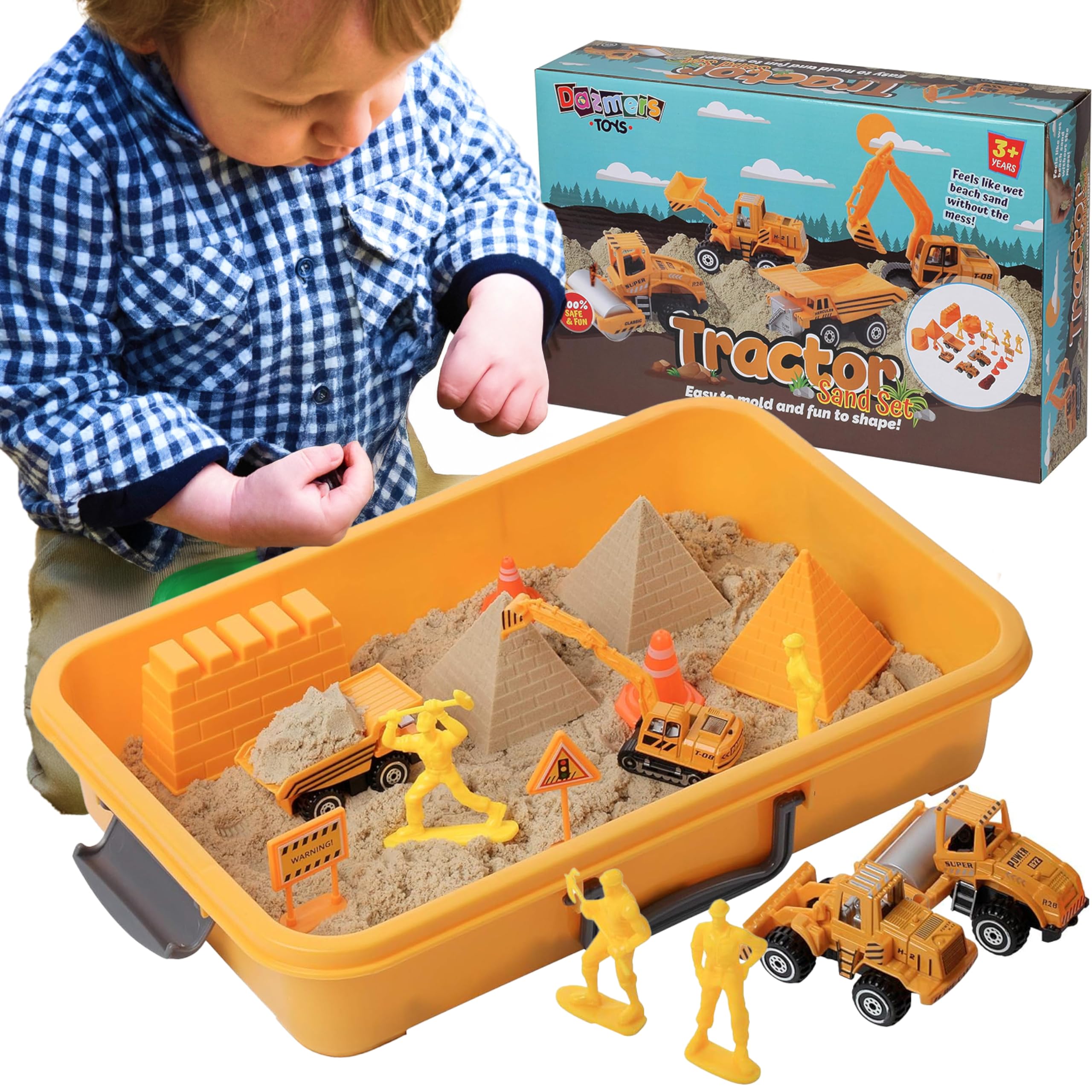 Photo 1 of BUILD ME Construction Sandbox Toy for Kids With 2 lbs Play Sand, Bulldozer, and Figures - Tractor Sand Playset - Children's 3-5 Boys Farm Set, Indoor Mini Construction Play Set