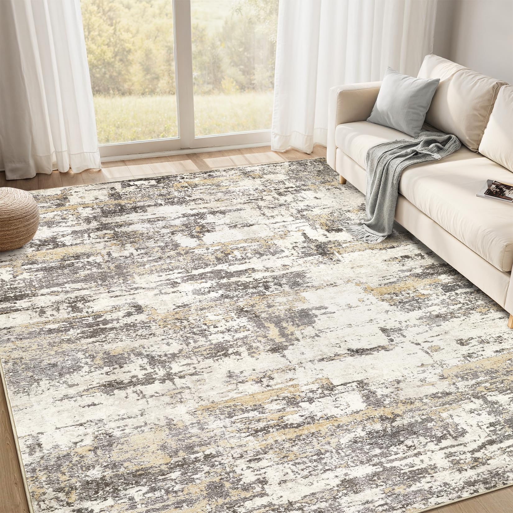 Photo 1 of Area Rugs for Living Room: 5x8 Abstract Washable Rug Modern Neutral Large Soft Stain Resistant Non-Slip Backing Machine Table for Bedroom Dining Room Indoor Home Office Carpet - Gold Brown