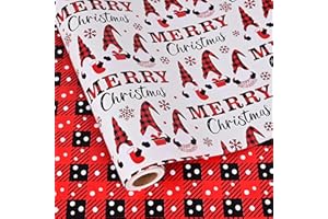 Dlyrroba Reversible Christmas Wrapping Paper Jumbo Roll - Red Black Gnome Merry Christmas Lettering and Buffalo Plaid Gift Wr