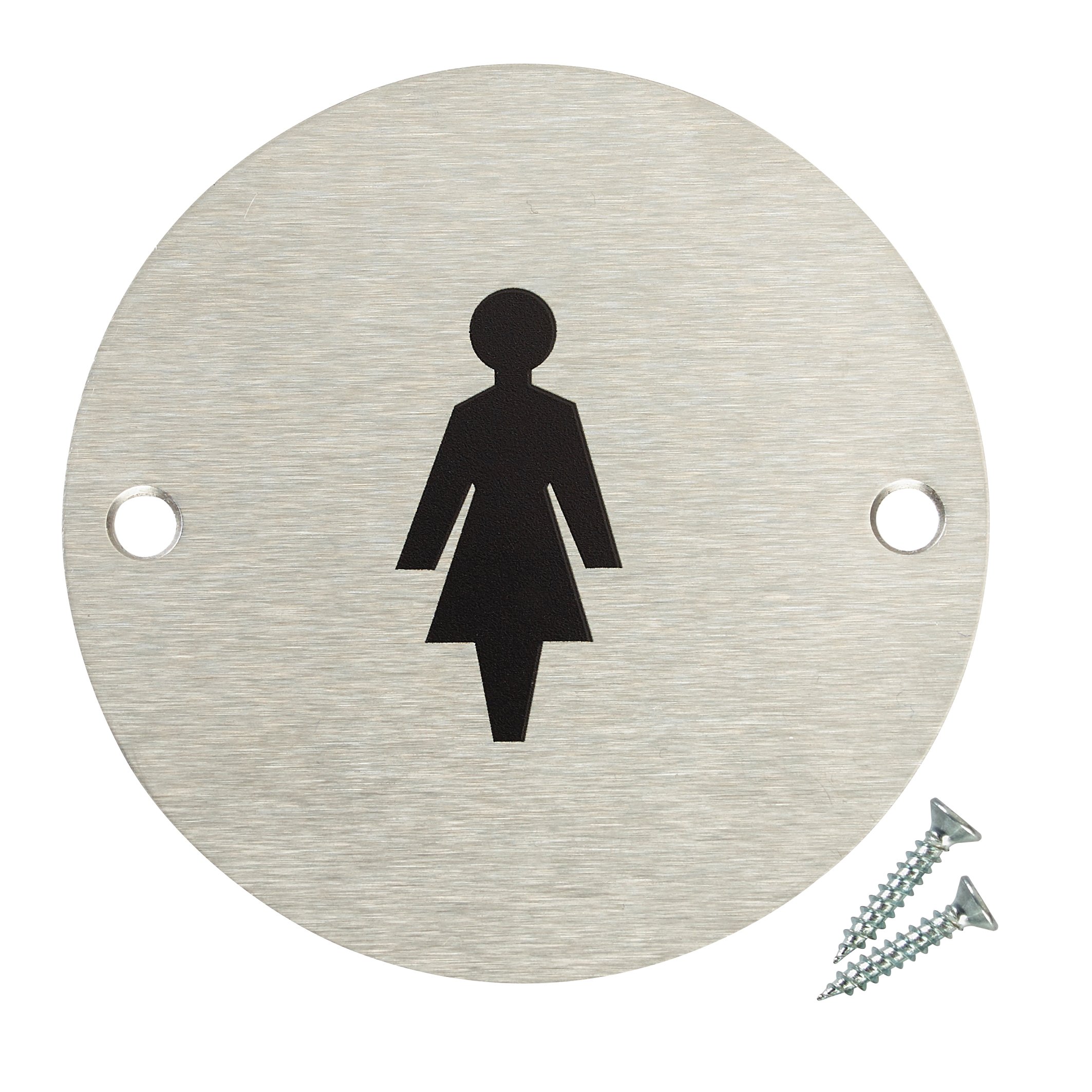 Fire Door Guru® Female Toilet Door Sign - 76mm Disc - Stainless Steel Safety Sign - Fixings Included