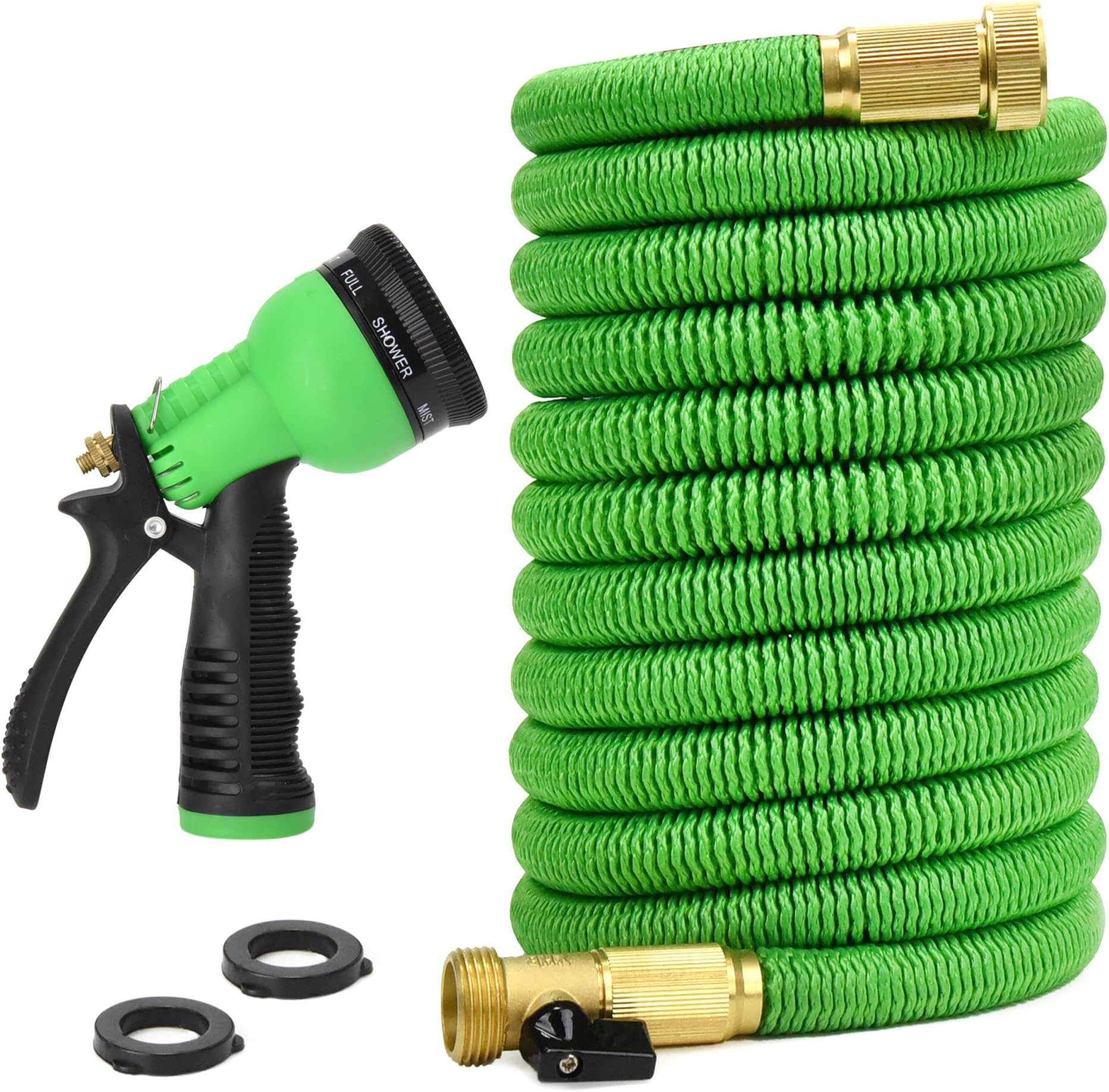 Glayko Tm 100 Feet Expandable Garden Hose - NEW 2017- Super Strong Construction- Strong Webbing -Solid Brass End + 8 Function Spray Nozzle and Shut-off Valve, Green