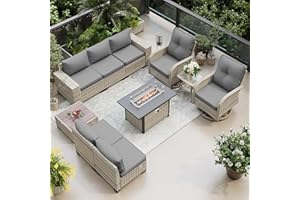 Muphyers 10-Piece Outdoor Patio Furniture Set with Rocking Swivel Chair, PE Wicker Rattan Sectional Sofa Patio Conversation Set with 55,000 BTU Fire Pit Table & Coffee Table, Grey