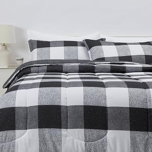 Amazon Basics Lightweight Microfiber Comforter Sets, 3-Pieces, Black/White, Checkerboard, King