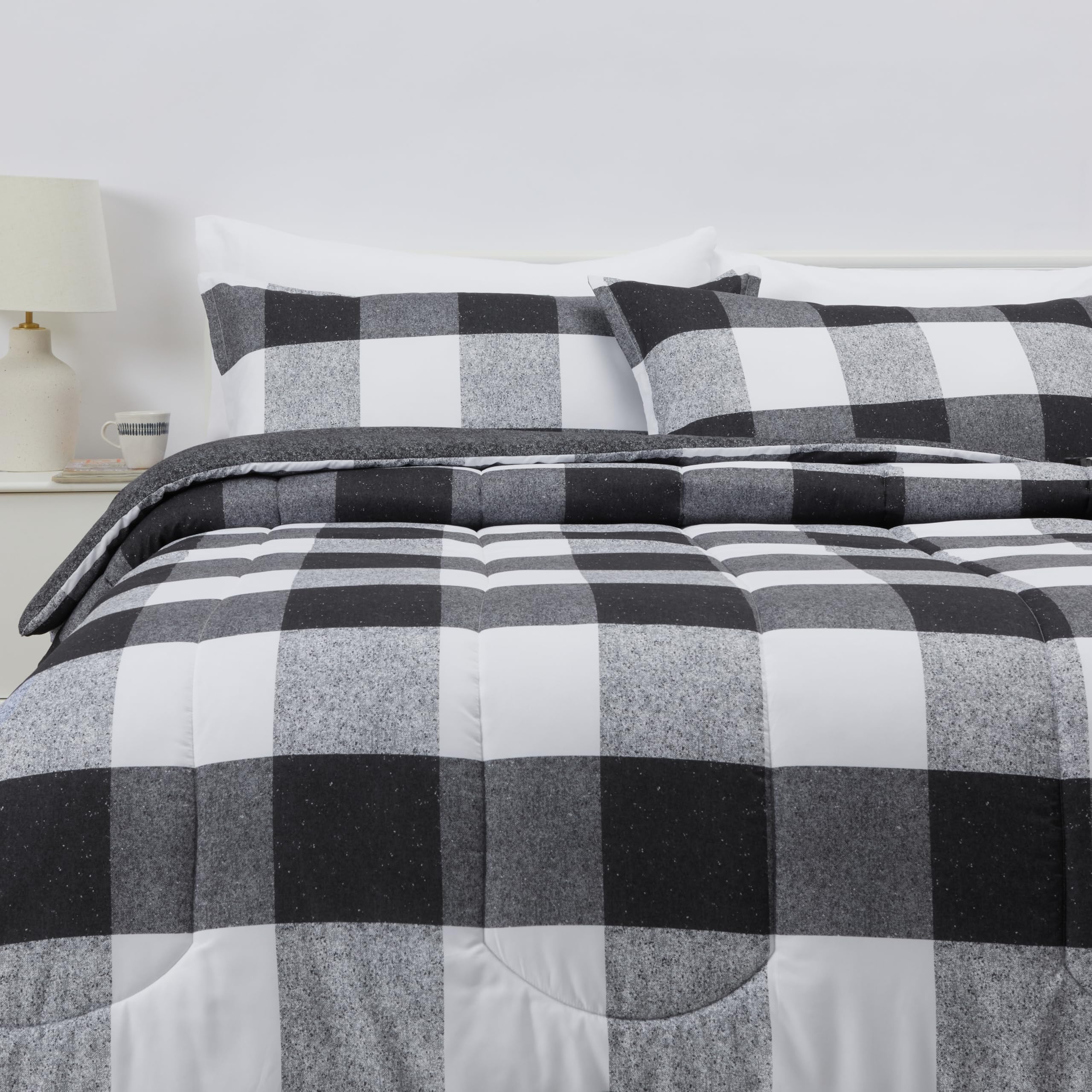 Amazon Basics Lightweight Microfiber Comforter Sets, 3-Pieces, Black/White, Checkerboard, King Image
