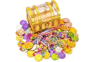 PEMALIN Mini Transparent Gold Pirate Treasure Chest, Treasure Hunt toy Set Accessories with Lock, 3 Medals, 5 Rings, 2 Earrings, 100 Thumb Colorful Coins, 100 Gems.