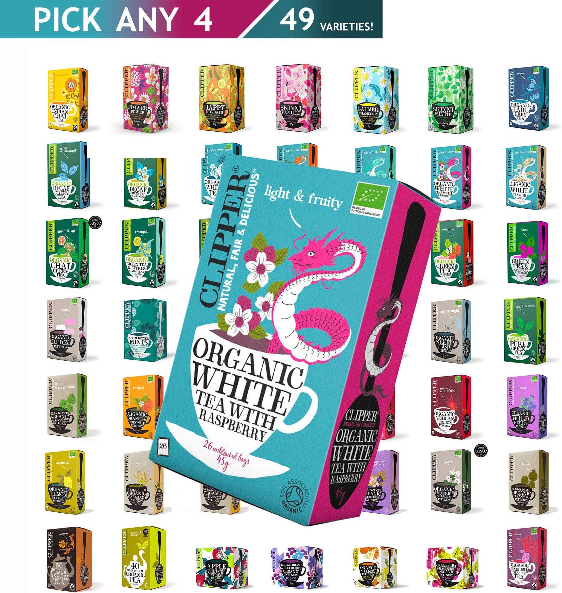 Clipper Tea Bags - You Choose from Over 40 Varieties; Raspberry Leaf, Organic Peppermint, Decaf, Chamomile, Green, Wild Berry, Redbush, Nettle and More... (Pick Any 4 Flavours)
