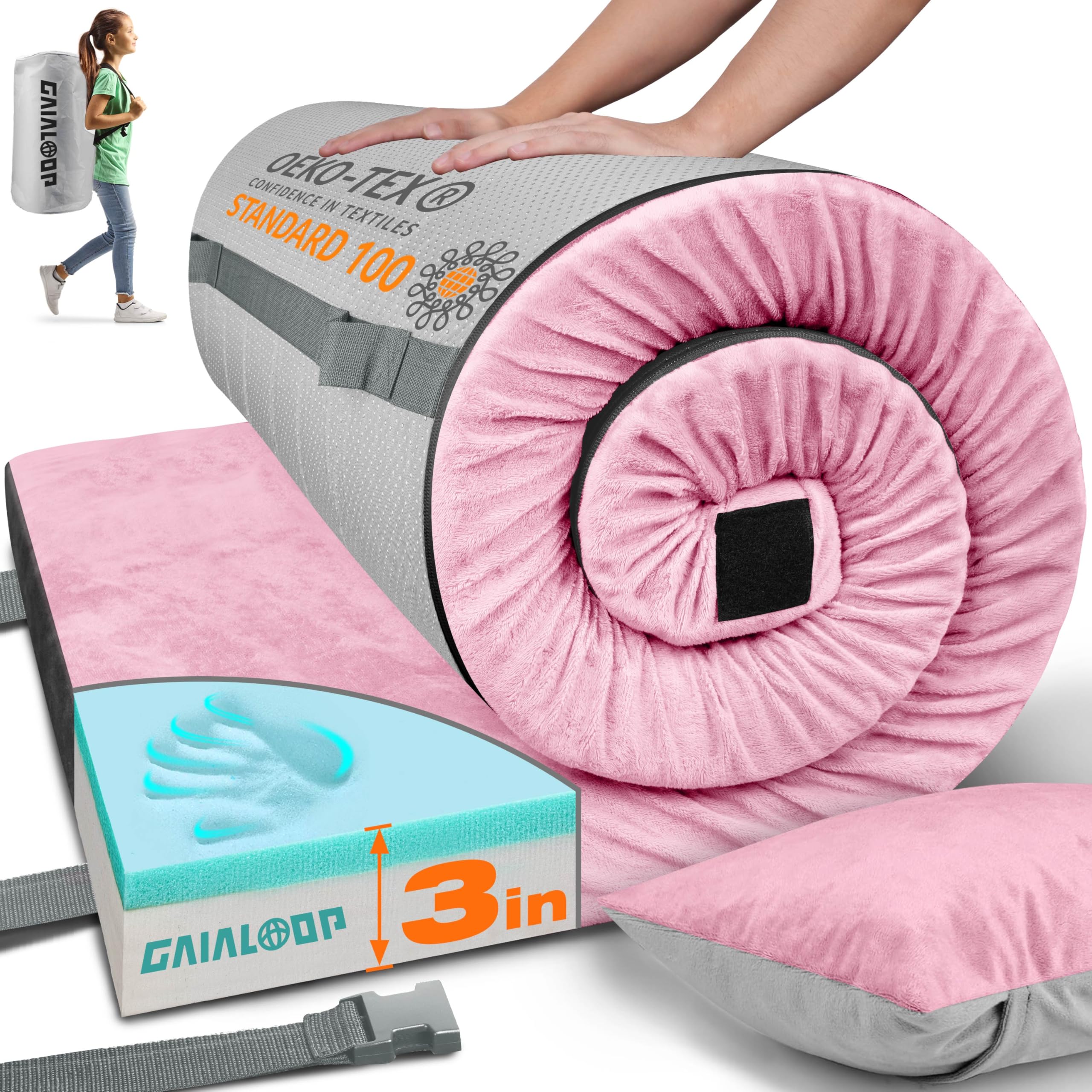 Photo 1 of **Dirty** Gaialoop 3 Inch Memory Foam Camping Mattress, Dual Layer Thick Sleeping Camp Pad for Car Tent Cot, Roll-Up Portable Glamping Floor Bed for Guests Sleepover[Kid: 62 * 23 * 3"] Sakura Pink