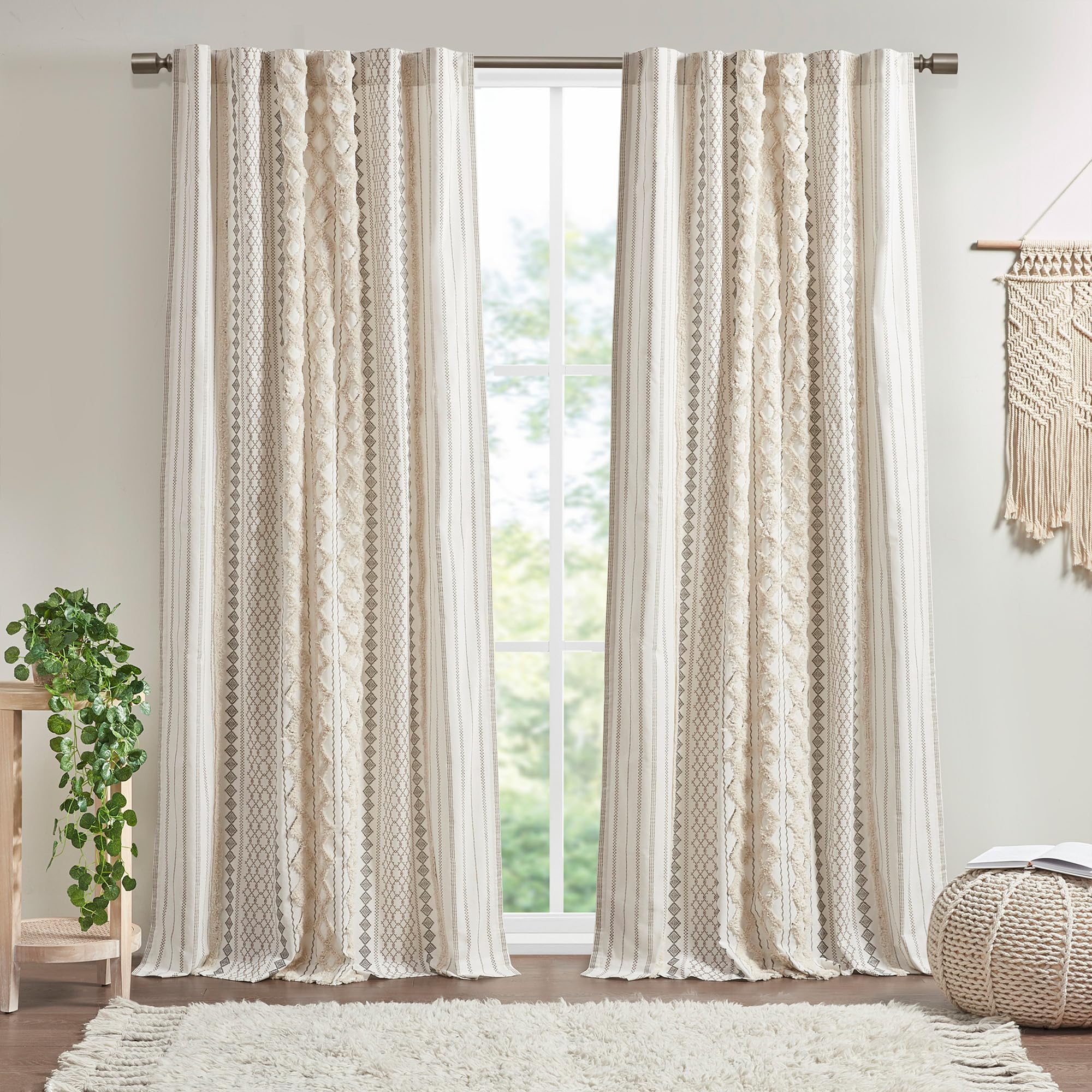 Photo 1 of INK+IVY Imani 100% Cotton SINGLE PANEL Curtain Tufted Chenille Stripe Geometric Print Mid-Century Look Rod Pocket Top Drape for Living Room, Privacy Window Treatment for Bedroom, 50" x 84", Ivory