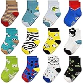 LIFPAU Non Slip Toddler Socks with Grip Boys Girls 12 Pairs Anti Skid Crew Socks Baby Kids Children Cartoon Pattern