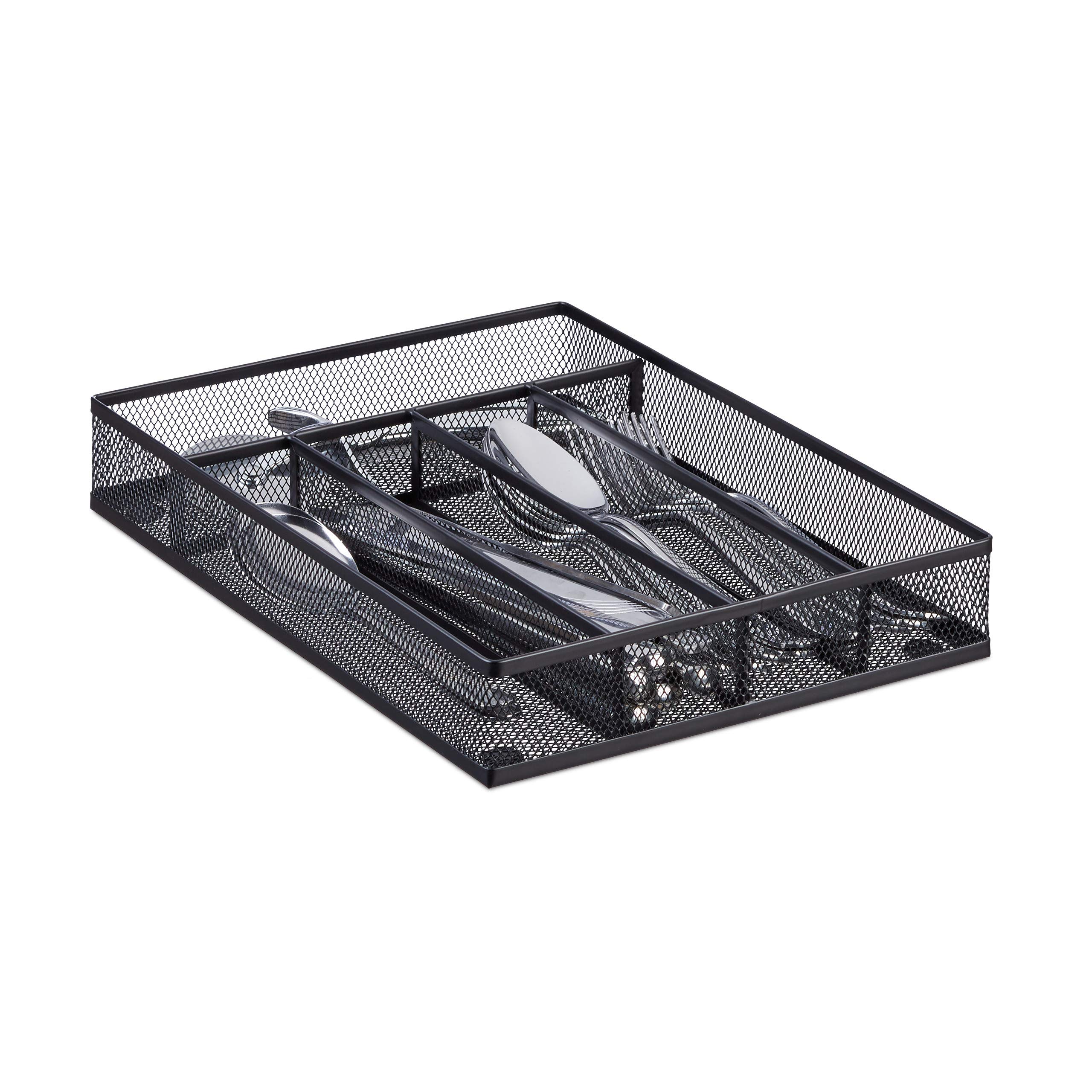 Relaxdays Metal Mesh Cutlery Tray, Open Drawer Organizer Insert, M, HWD: 5 x 23.5 x 31.7 cm, Black