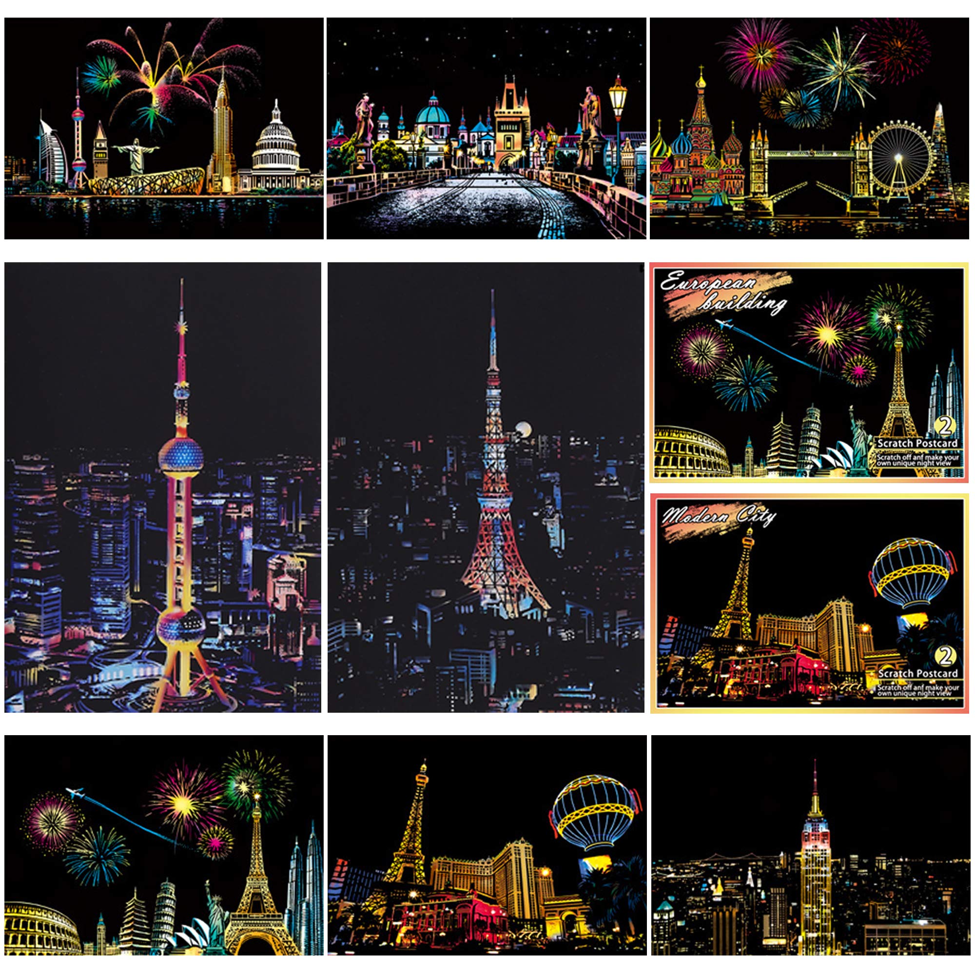 SiYear Scratch Paper Rainbow Painting Sketch, City Series Night Scene,Scratch Painting Creative Gift,Scratchboard for Adult and ith 4 Tools(8PCS) — image 1