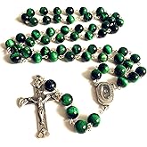 elegantmedical HANDMADE 10MM green Tiger Eye Bead Rosary CROSS catholic necklace Lourdes Water medal