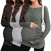 Sweetyweee 3 Pack Fall Maternity Shirts Long Sleeve Maternity Sweaters Boat Neck Ribbed Lightweight Pregnancy Winter Tops(Army Green, Light Gray, Black,Small)