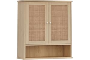 Reettic Rattan Two Door Wall Cabinet, Wooden Medicine Cabinet, Wall Mounted Bathroom Storage Cabinet with Inner Adjustable Shelf, for Bathroom, Kitchen, Entryway, Natural BMGZ103M
