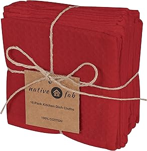Native Fab Waffle 18 Pack Kitchen Dish Cloths Cotton 12x12 Absorbent Washable, Dish Towels, Restaurant Cleaning Towels, Bar Mops Towels, Rags for Home Kitchen Bars, Red