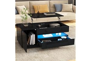 FammyLoft Lift Top Coffee Tables with Storage Cabinet, 37.4" High Gloss Living Room Table with LED Lights, Modern Center Tabl