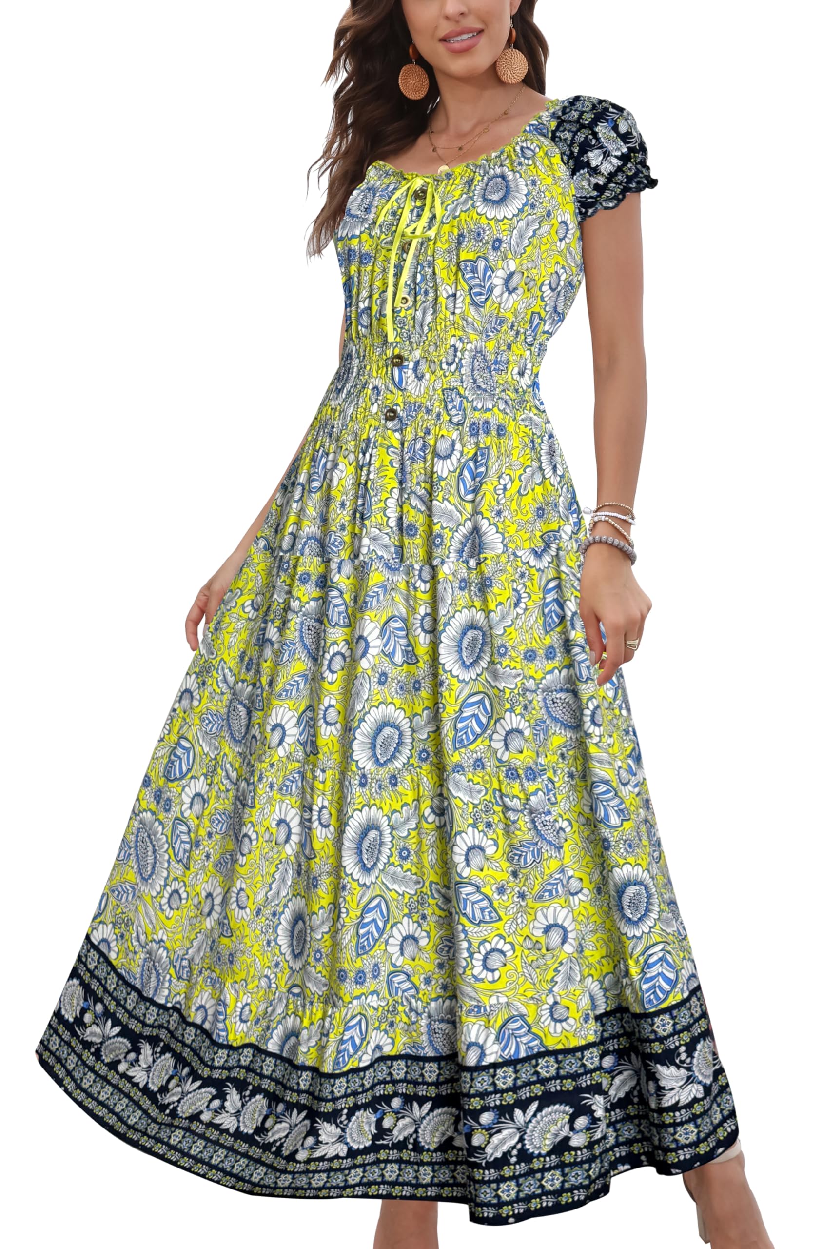 Photo 1 of ***(SEE NOTES BEFORE BIDDING)***OSTOO Women's 2025 Summer Short Sleeves Boho Floral Print Tiered Casual Flowy Long Maxi Dress(Yellow,XXL)