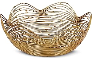 Mela Artisans Metal Bowl, Gold, Medium, 9” x 4” x 4”, Ruffle Decorative Style Bowls for Fruits & More, Kitchen Counter w/Round Underneath, Handmade, Sustainable, Elegant, Modern