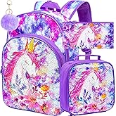 CCJPX 3PCS Girls Backpack, 16” Kids Unicorn Sequin Bookbag and Lunch Box for Kindergarten Elementary