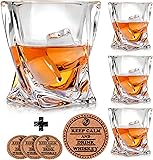Twist Whiskey Glasses - Set of 4 - by Vaci + 4 Drink Coasters, Ultra Clarity Crystal Scotch Glass, Malt or Bourbon, Glassware Gift Set
