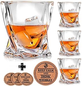 Twist Whiskey Glasses - Set of 4 - by Vaci + 4 Drink Coasters, Ultra Clarity Crystal Scotch Glass, Malt or Bourbon, Glassware Gift Set