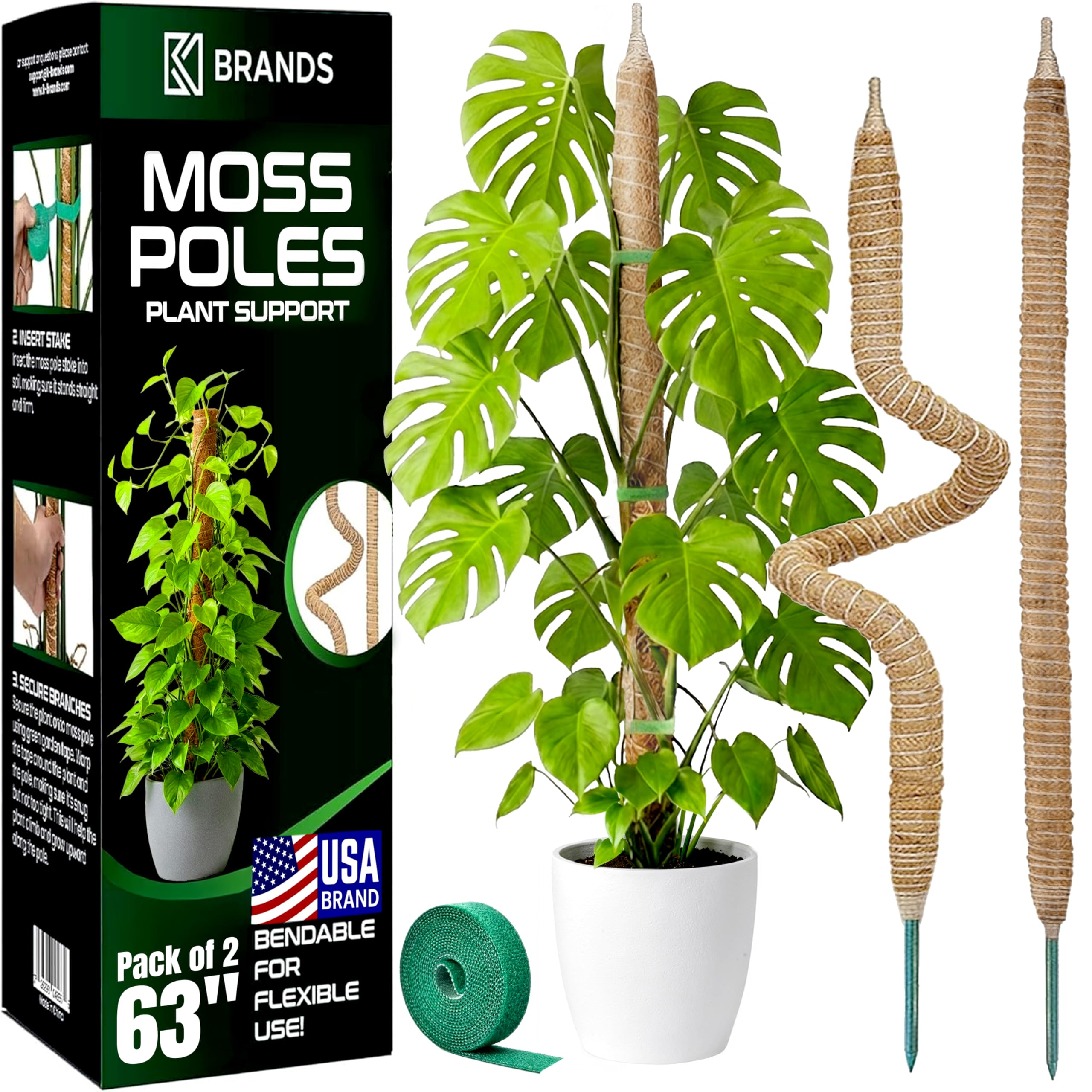 Photo 1 of 2 Pack 63'' Bendable Moss Pole Monstera Plant Support for Large Climbing Indoor Plants - Stakes for Potted Climbers - Tall Sticks Indoor Trellis for Houseplants - Accessories for Monstera Pot