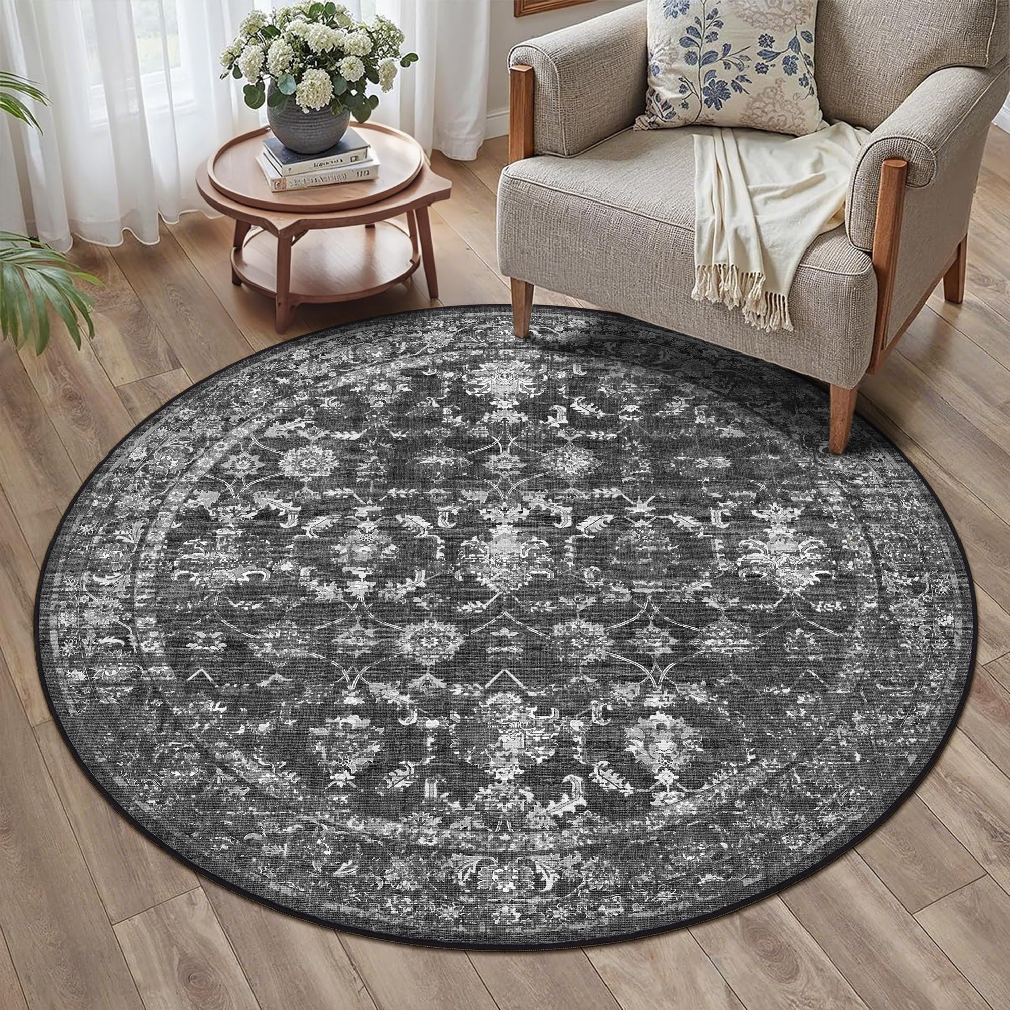 Photo 1 of 4ft Round Washable Area Rugs for Living Room, Vintage Boho Large Rug for Bedroom Dining Room Office, Distressed Floral Print Carpet for Under Table, Soft Non Slip Low Pile Throw Indoor Mat, Black