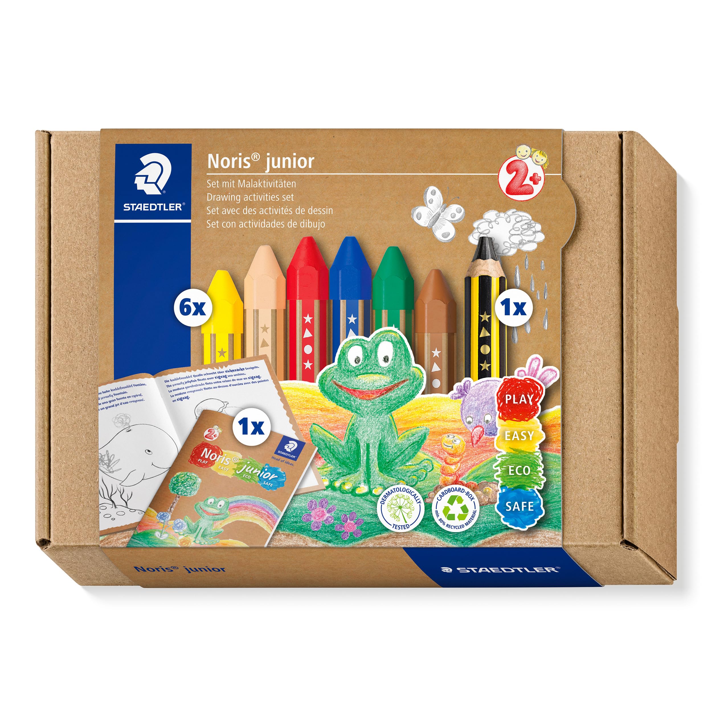 STAEDTLER 61 C1 Noris Junior Activity Set - Mixed Set for Drawing & Colouring (Pack of 7 Pieces, Including Wax Crayons & Activity Book)