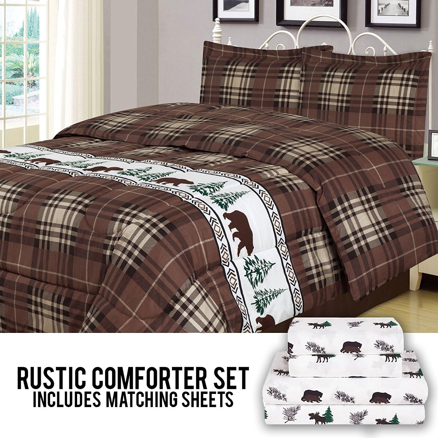 Amazon Com Howplumb Rustic Bear King Comforter 7 Piece Bedding