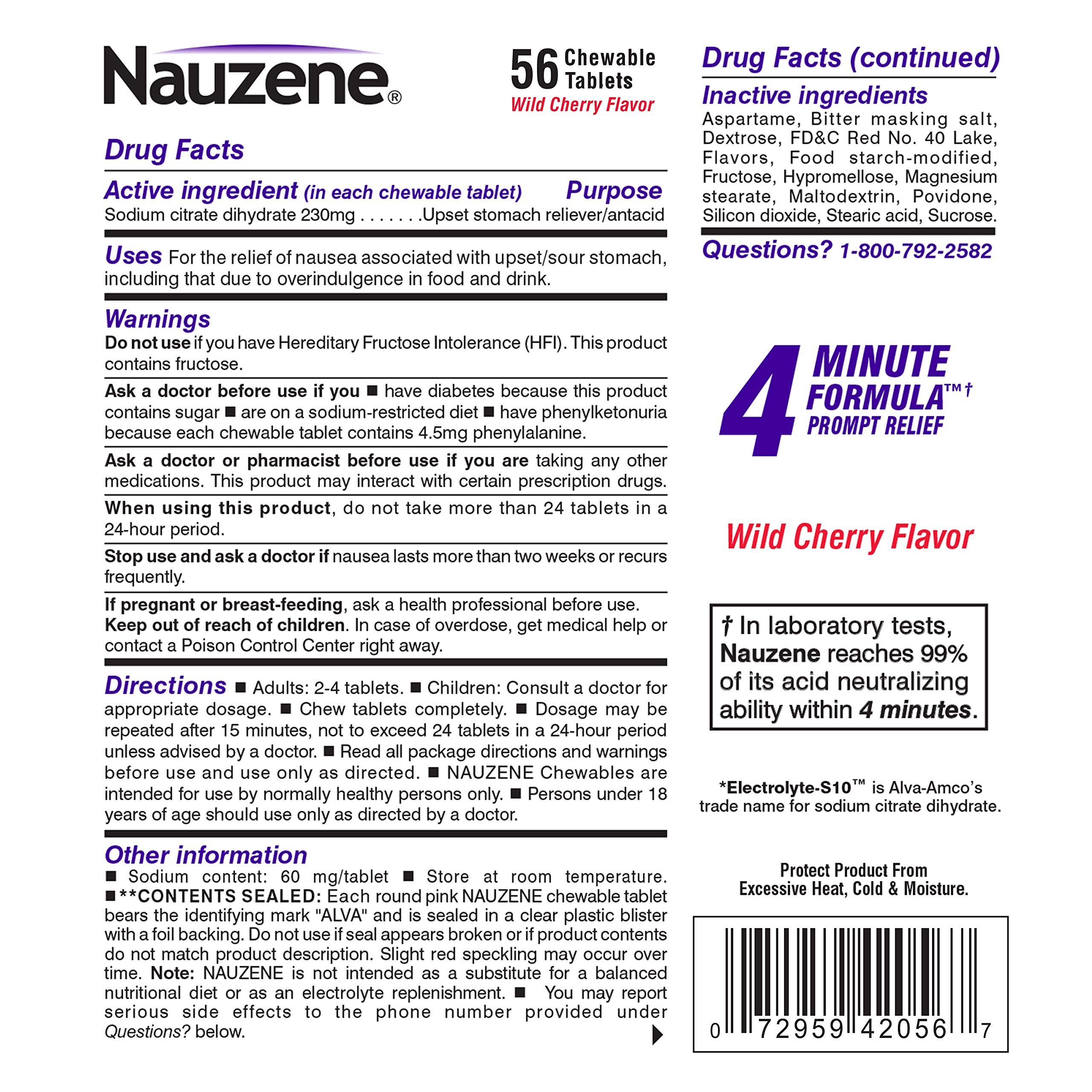 Nauzene Non-drowsy Upset Stomach & Nausea Relief Chewable Tablets - Fast-Acting Relief in 4 Minutes - Doctor Recommended - Wild Cherry Flavor, 56 ct
