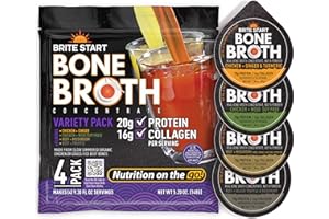 Brite Start Bone Broth - Variety Pack - 4 Count - Keto Friendly Concentrate with 16g Collagen, 20g Paleo Protein - Made from Free Range Chicken Bones & Grass Fed Beef - Single Serve Packets