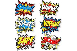 Bigtime Signs 12 Pieces Super Hero Stickers - Superhero Party Decorations for Birthday - Superhero Themed Party Favors - 12"x16" Sound Effect Signs for Kids - Boom Pow Sign and Decorations