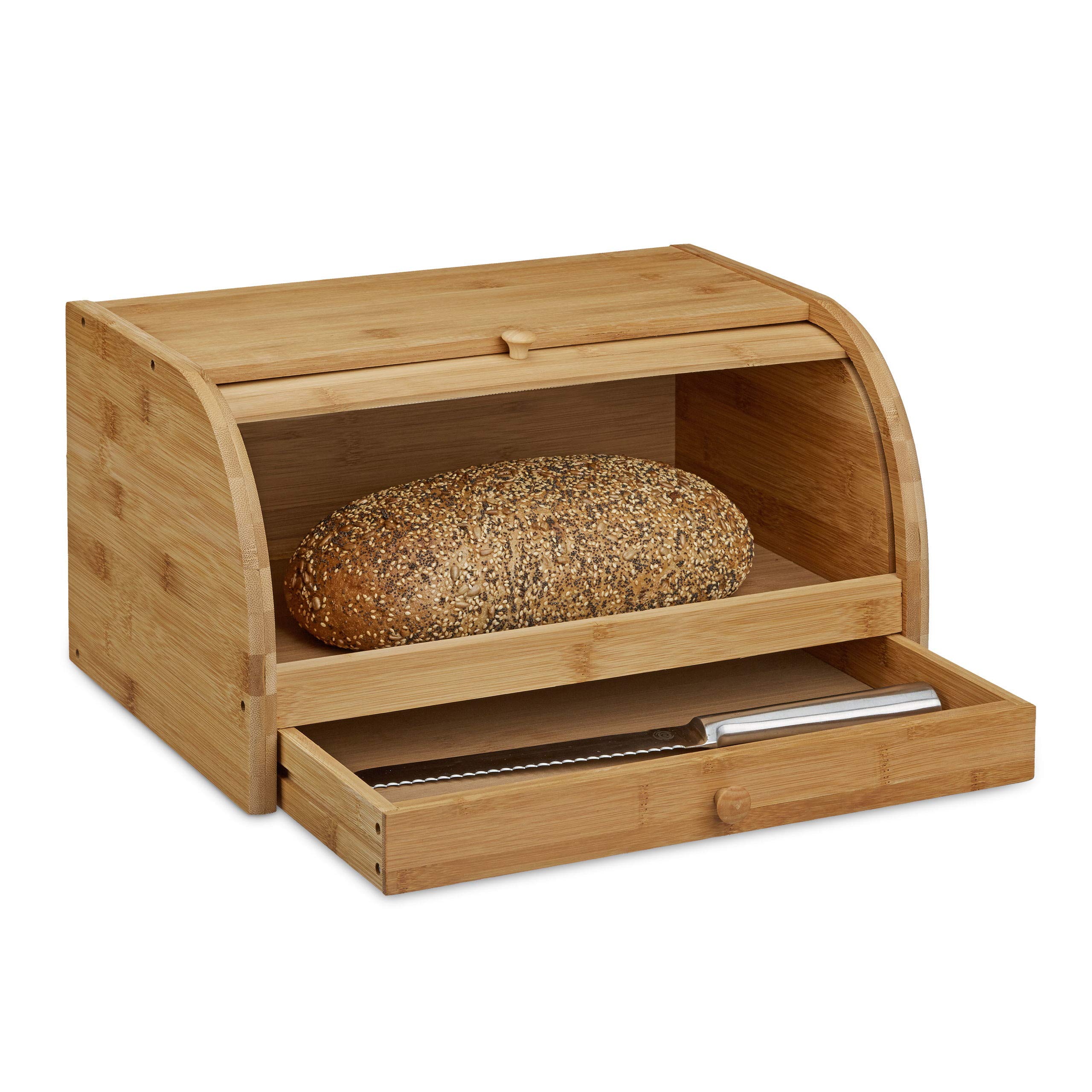 Relaxdays Rolling Bread Box with Drawer, Bamboo, Aroma-Preserving, Bread Bin with Rolling Lid, Size: 21 x 40 x 28 cm, Wood, Natural