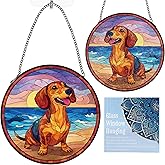 Dachshund Stained Glass Window Hanging, Wiener Dog Gifts for Women Pet Lovers Suncatcher with Metal Chain and Hooks, Sun Catcher Glass Art for Indoor Window Decor