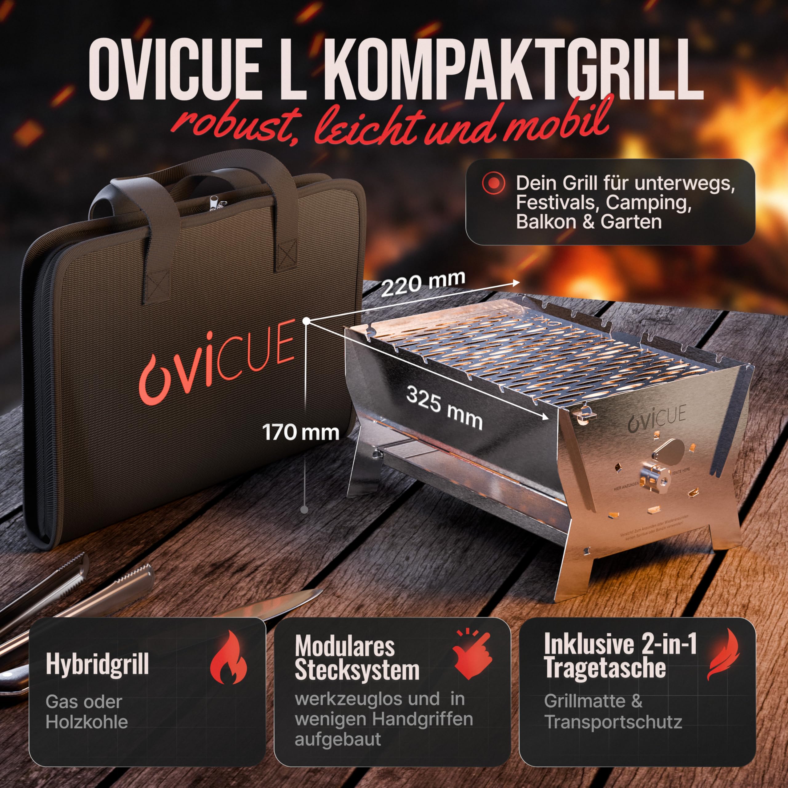 ovicue Grill | Mobiler Steck-Gasgrill – Tragbarer Edelstahlgrill mit Stecksystem – Gas- & Holzkohlebetrieb – Inkl. Tragetasche – Perfekt für Camping, Balkon, Garten & Outdoor - Camping Grill 2