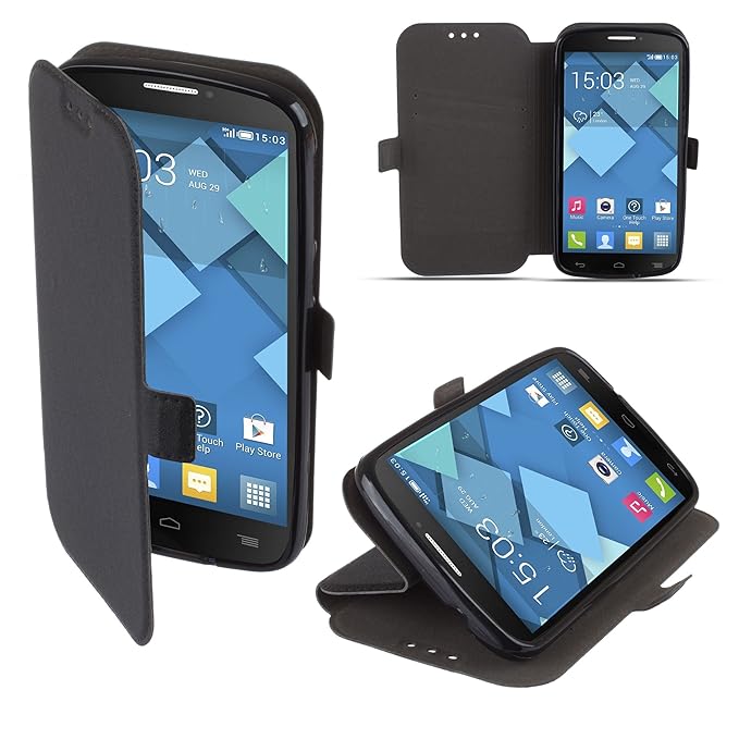 Moozy Hülle Flip Case für Alcatel C7 One Touch 7041D, Schwarz - Dünne Glitzer Handy Klapphülle Shine Book mit Stand